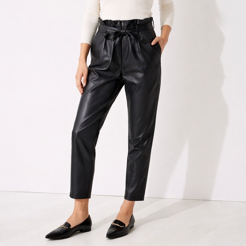 LOFT Faux Leather Paperbag Waist Pants Size 6 Black Tie Waist